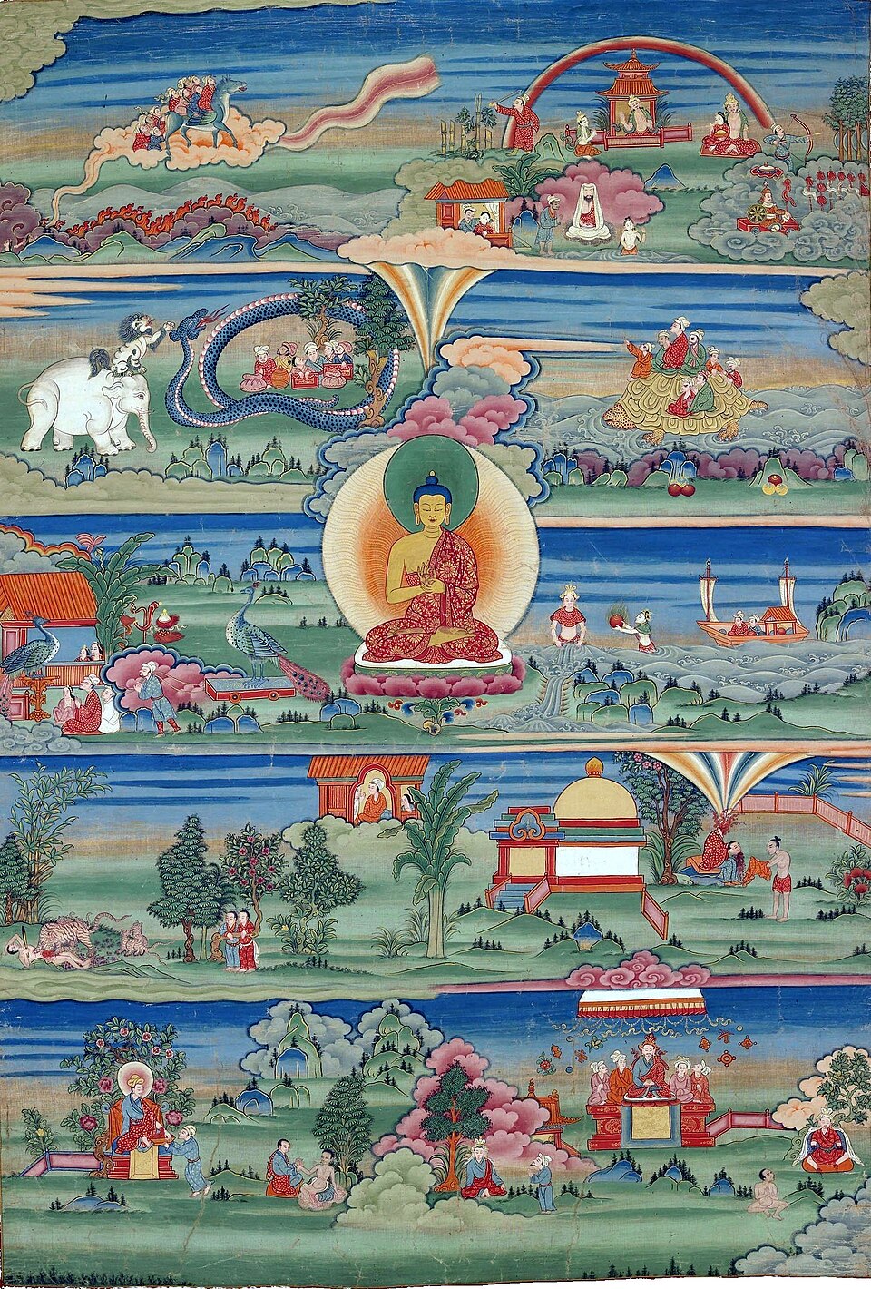 Peinture traditionnelle avec le Bouddha au centre et de nombreux animaux autour de lui, illustrant différents contes