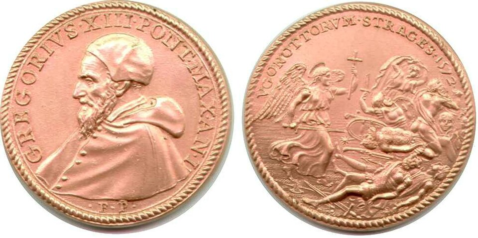 Les deux faces d'une médaille, l'une représentant un homme barbu en habit de moine, l'autre un ange armé tuant des gens