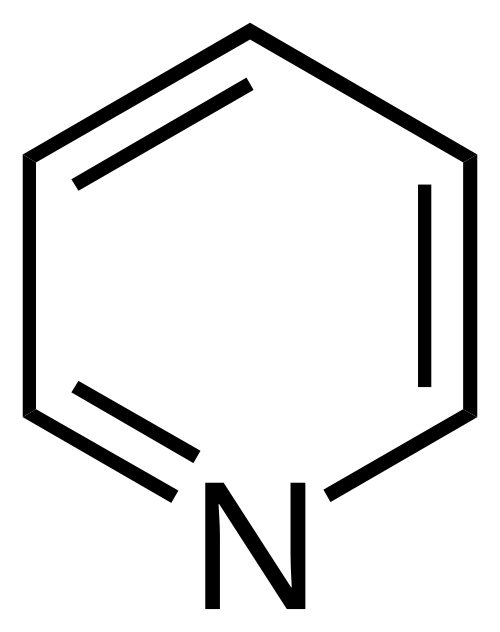 Pyridine, un composé hétérocyclique à 6 chaînons, atomes d'hydrogène méthine impliqués, non représentés, et électrons π délocalisés représentés par des liaisons discrètes (aromatiques).
