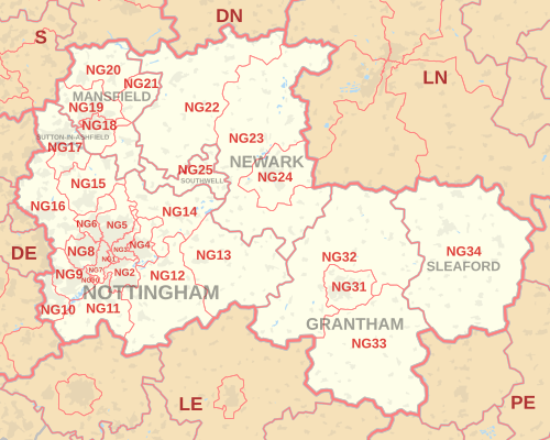 Carte de la zone de code postal NG, indiquant les districts postaux, les villes postales et les zones de code postal voisines.