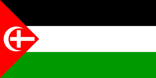 Drapeau utilisé lors de la révolte arabe de 1936-1939 en Palestine, affichant une croix chrétienne et un croissant islamique dans le triangle rouge
