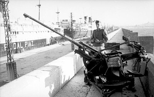 canon à canon unique avec sentinelle derrière de grands navires commerciaux en arrière-plan