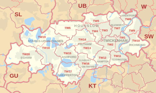 Carte de la zone de code postal TW, indiquant les districts postaux, les villes postales et les zones de code postal voisines.