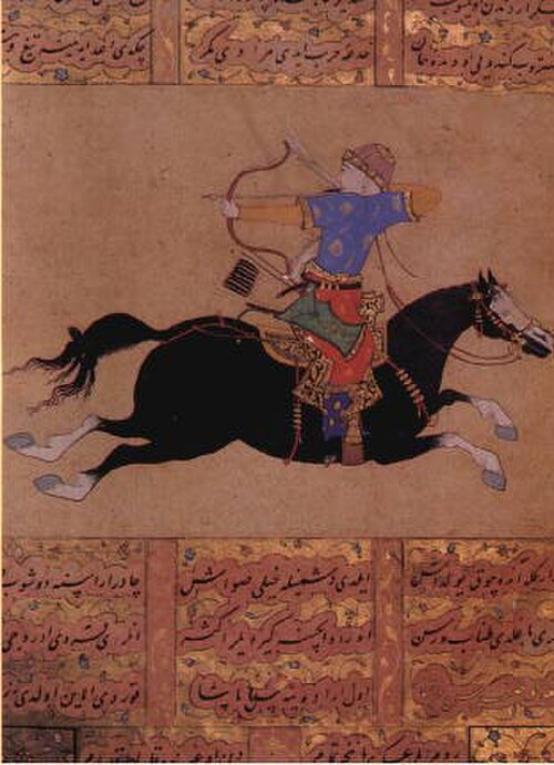 Un Turc ottoman avec un carquois à ceinture incliné vers l'arrière conçu pour le tir à l'arc monté