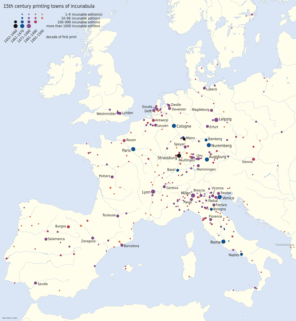 Carte de l'Europe avec des points indiquant les villes où des imprimeries étaient établies à la fin du XVe siècle
