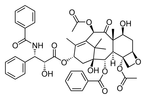 Le paclitaxel est un autre terpénoïde complexe d'origine végétale, également un produit naturel, présentant une structure multicyclique complexe comprenant des cycles à 4, 6 et 8 chaînons (carbocycliques et hétérocycliques, aromatiques et non aromatiques).