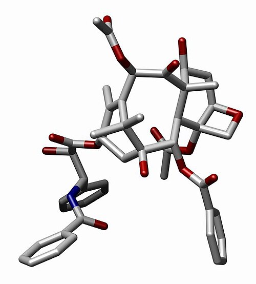 Une forme tridimensionnelle représentative adoptée par le paclitaxel, en raison de sa structure cyclique unique.[11]