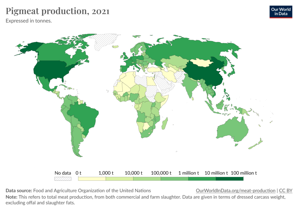 Production mondiale de porc, par pays, en 2021.
