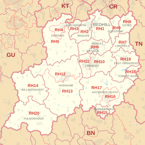 Carte des zones de codes postaux RH, indiquant les districts postaux, les villes postales et les zones de codes postaux voisines.
