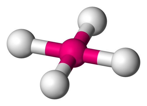 Modèle squelettique d'une molécule plane avec un atome central lié symétriquement à quatre atomes périphériques (fluor).