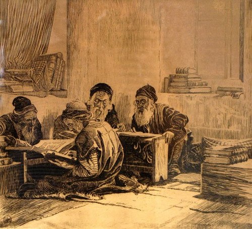 Ephraim Moses Lilien, Les étudiants du Talmud, gravure, 1915