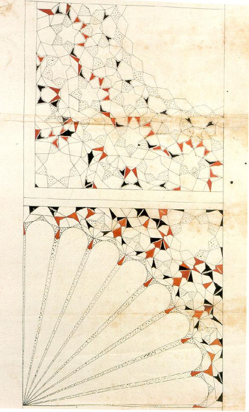 Dessins bidimensionnels pour deux muqarnas en quart de dôme – en forme de coquillage (en haut), en forme d'éventail (en bas). Rouleau de Topkapı, XVe siècle
