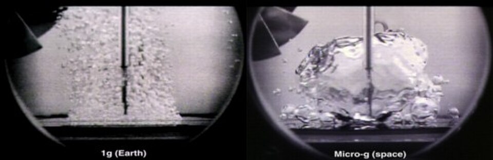 Comparaison de l'ébullition de l'eau sous la gravité terrestre (1 g, à gauche) et en microgravité (à droite). La source de chaleur se situe dans la partie inférieure de la photographie.