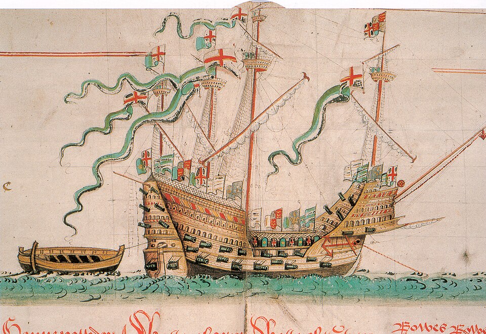 Représentation contemporaine des fanions (ou pennoncells) ornant les quatre mâts du navire de guerre Mary Rose, qui coula en 1545. On y distingue une croix de Saint-Georges à la hampe et les couleurs héraldiques blanches et vertes de la maison Tudor sur le reste de la longueur. Illustration tirée du rouleau d'Anthony.