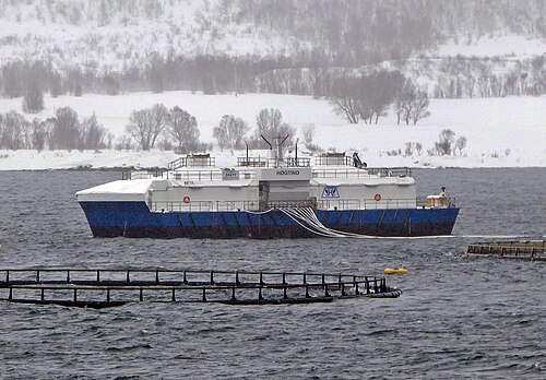 Ferme piscicole Högtind en Norvège avec barge d'alimentation