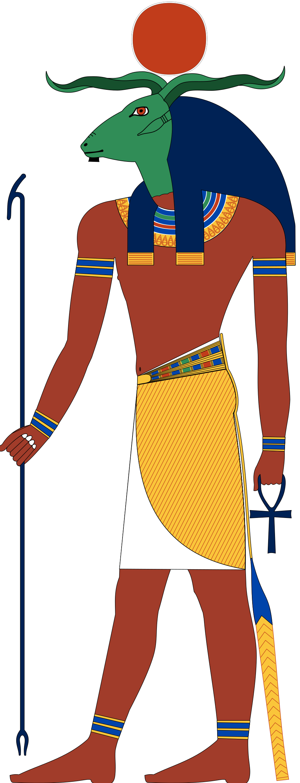 Dans le monde souterrain, Râ (Khnum-Râ) était représenté avec une tête de bélier et un disque solaire.