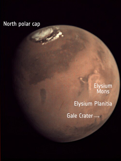 Vue globale de Mars. InSight a atterri à Elysium Plantia. Le rover Curiosity se trouve dans le cratère Gale.