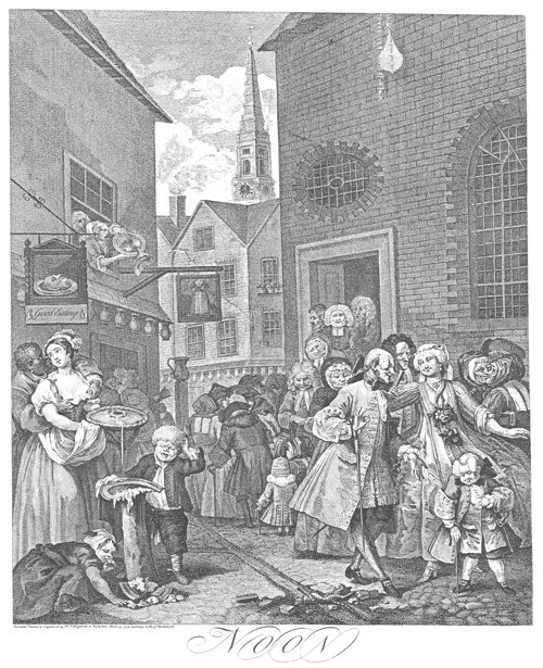 Quatre heures de la journée : midi de William Hogarth, tableau représentant une enseigne de vente au détail, XVIIIe siècle