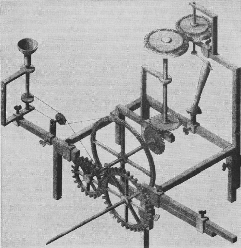 Modèle de machine à meuler optique (1822), dessiné en perspective isométrique à 30°[12]