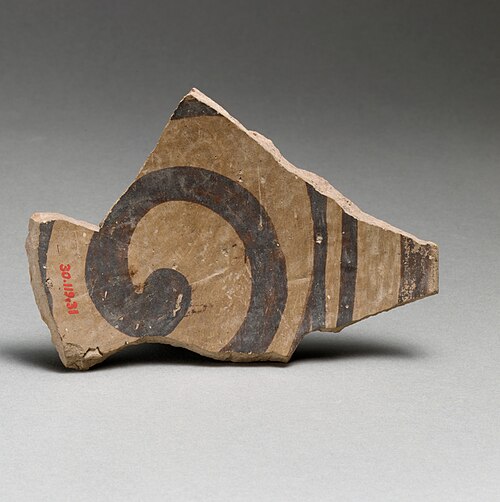 Fragment de bord en terre cuite avec motif en treillis ; 3800-3300 av. J.-C. ; terre cuite ; longueur : 10,6 cm (43⁄16 po) ; Metropolitan Museum of Art