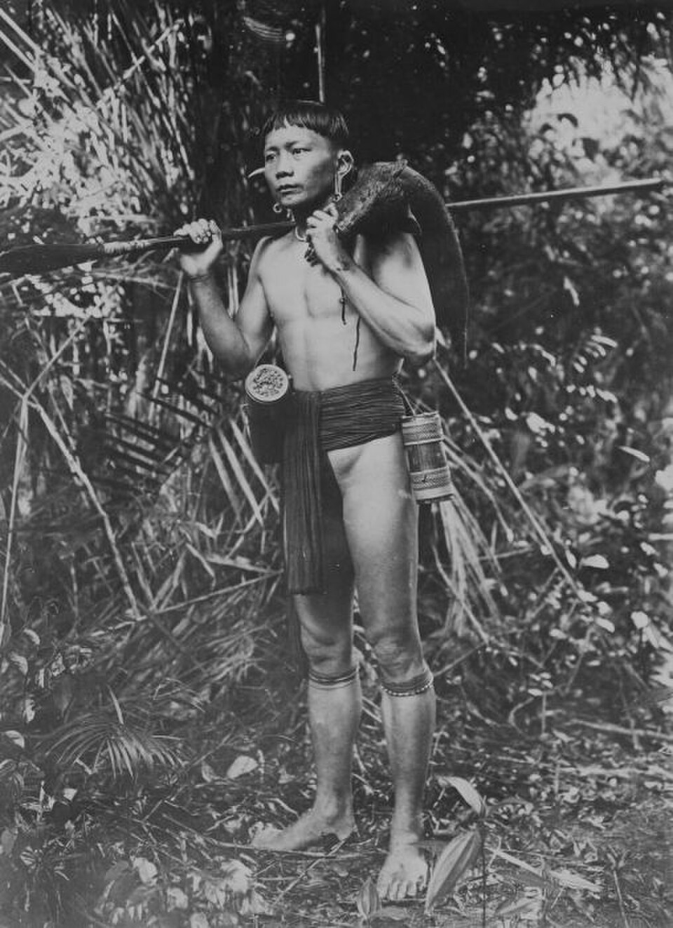 Portrait d'un chasseur dayak à Bornéo avec un sanglier sur l'épaule
