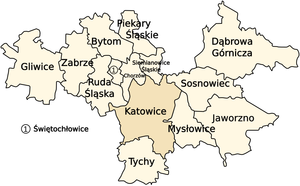 Carte de l'Association métropolitaine de Haute-Silésie, avec Katowice mise en évidence près de son centre.