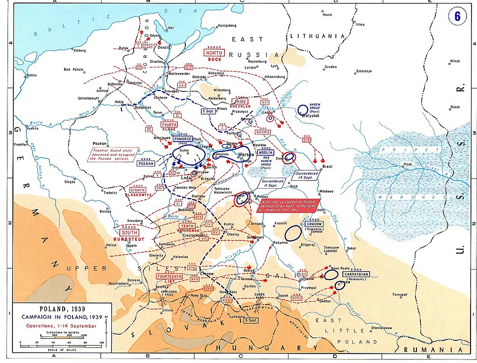 Carte montrant l'avancée des Allemands et la disposition des troupes allemandes et polonaises le 14 septembre 1939.