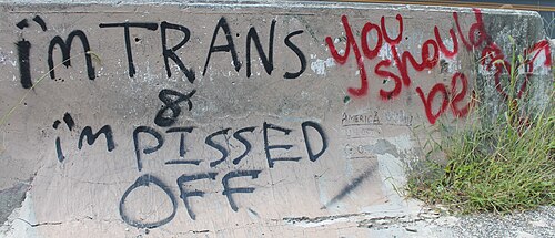 Graffiti sur un mur en béton, en rouge et noir. Le graffiti noir dit : « Je suis trans et je suis énervé ». Le graffiti rouge dit : « Tu devrais l'être ».