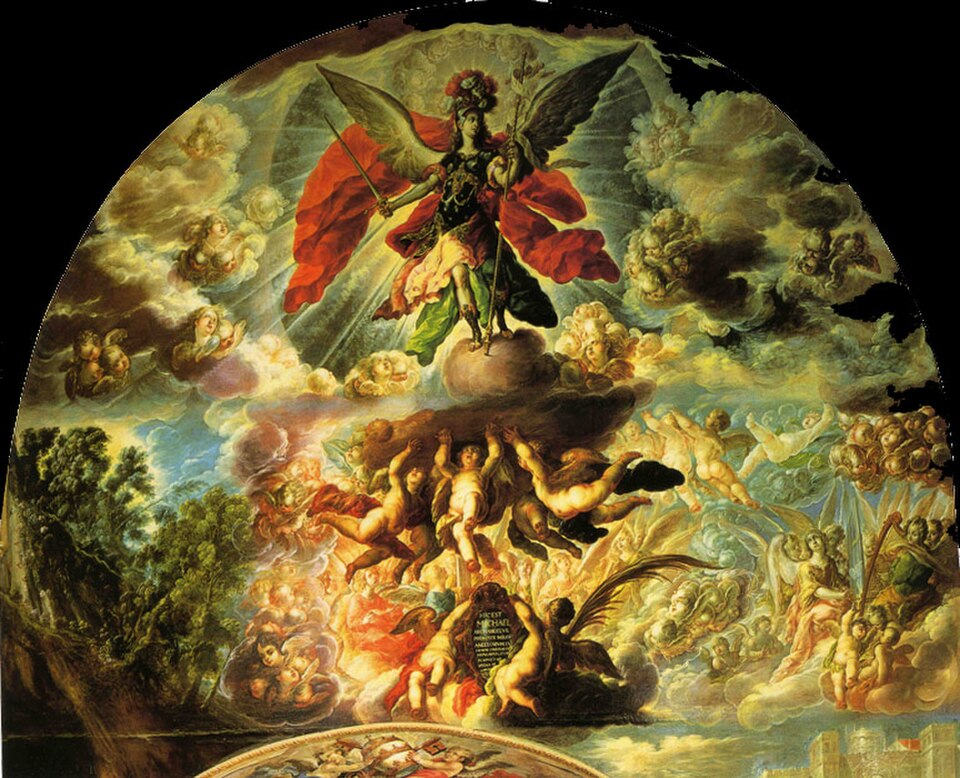 Apparition de Saint Michel, ca. 1686 par Cristóbal de Villalpando. Collection de la cathédrale métropolitaine de Mexico. Mexique colonial.