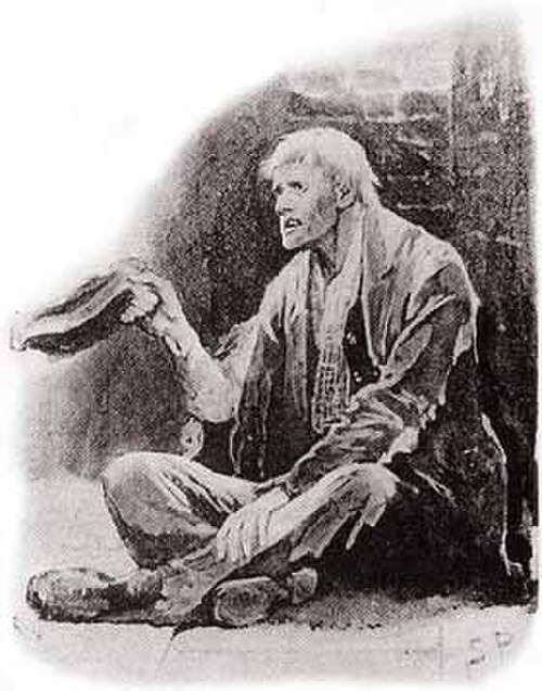 « L'homme à la lèvre tordue », illustré par Sidney Paget 1891, un mendiant jouant un rôle majeur dans une aventure de Sherlock Holmes.