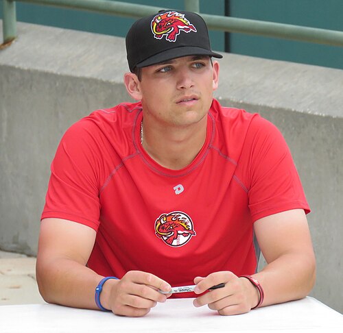 Austin Riley (assis) avec les Florida Fire Frogs en 2017