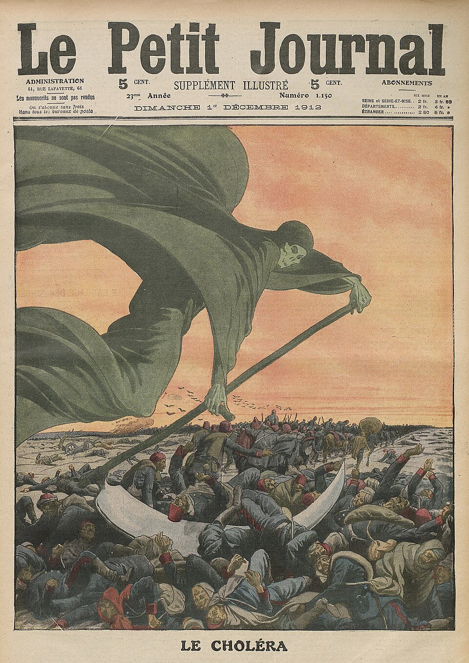 Dessin représentant la Mort apportant le choléra, dans Le Petit Journal (1912)