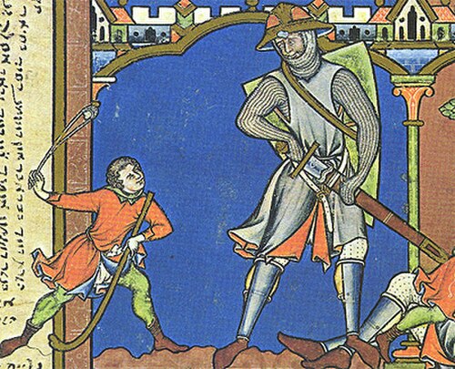 Goliath portant des jambières (Bible de Morgan, milieu du XIIIe siècle)