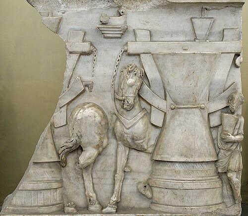 Moulin à chevaux hellénistique. Détail d'un sarcophage romain du IIe siècle. Musées du Vatican