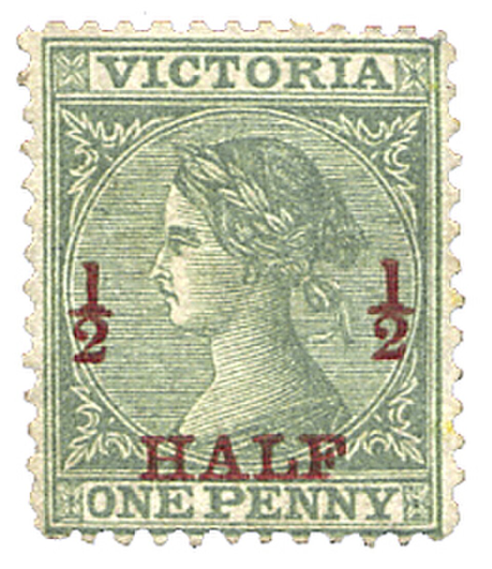 Victoria, 1873 : Timbre d'un penny surchargé à la nouvelle valeur d'un demi-penny