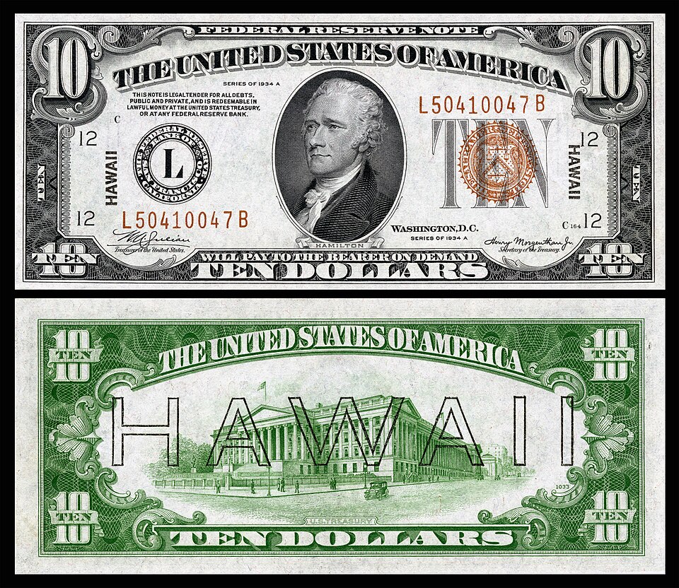 États-Unis, vers 1941 : billet de 10 dollars américains avec surcharge Hawaï