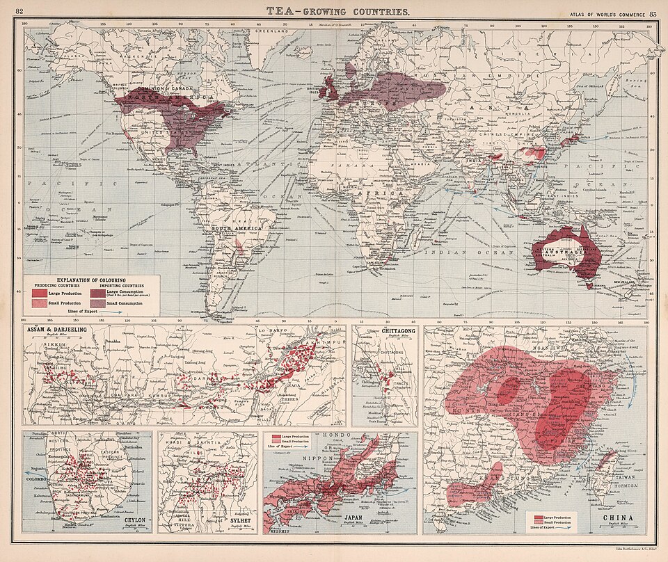 Carte mondiale des exportateurs et importateurs de thé, 1907