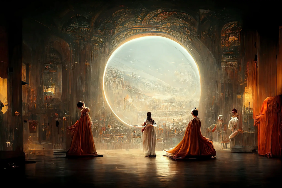 Image impressionniste de personnages dans une scène d'opéra futuriste