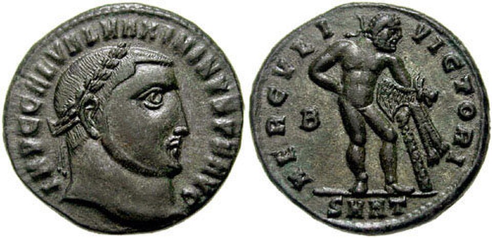Maximin II et Hercule avec massue et peau de lion (Romain, 313 ap. J.-C.)