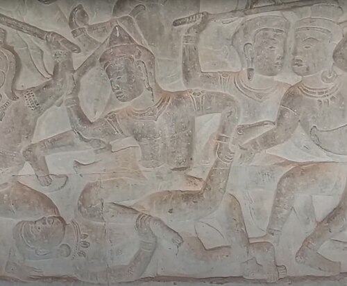 Bas-relief représentant une prothèse de genou. Situé à Angkor Vat (XIIe siècle apr. J.-C.) au royaume du Cambodge.
