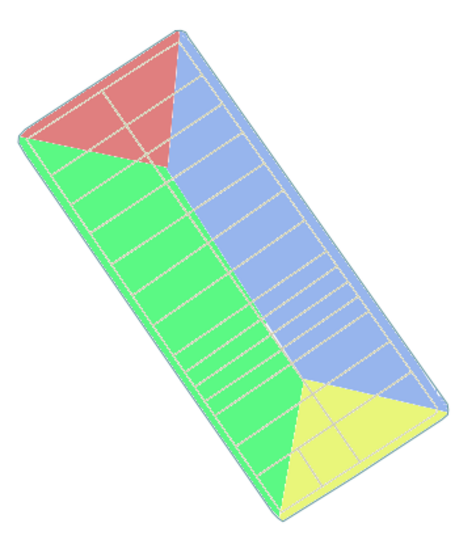 Les façades d'un pâté de maisons et leur prolongement à l'intérieur de celui-ci. Chaque couleur correspond à un code postal à huit chiffres, généralement attribué à un côté (pair ou impair) d'une rue.