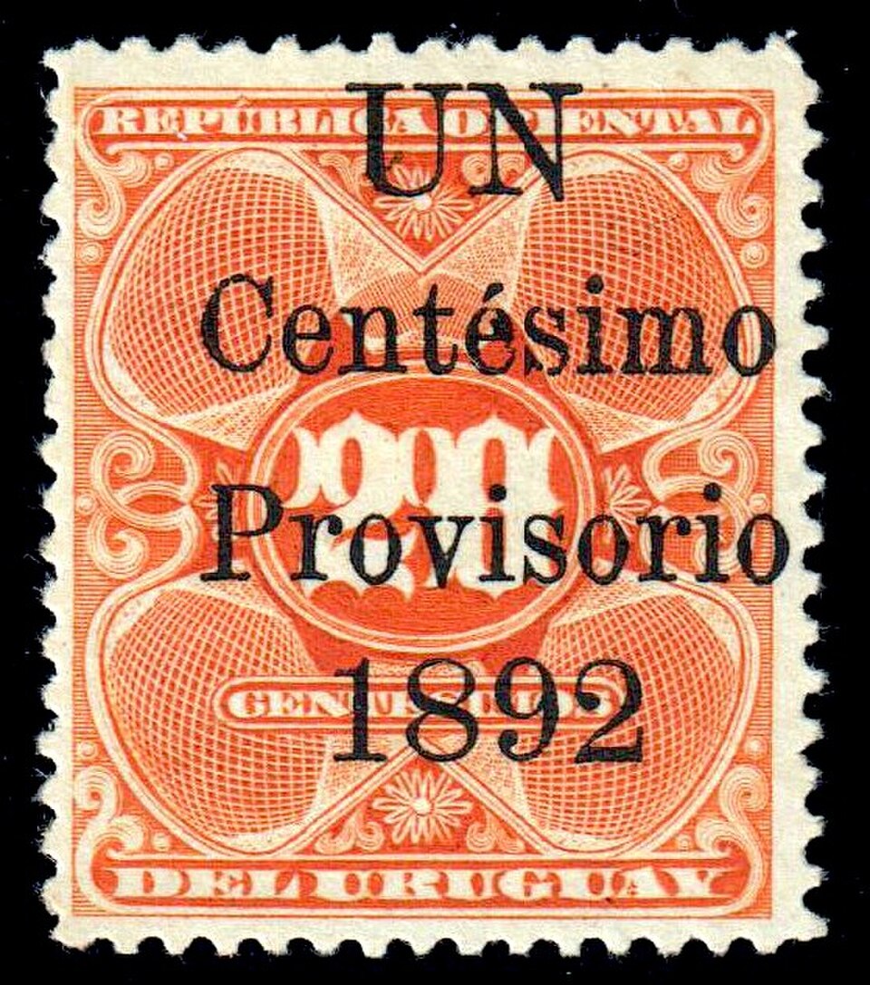 Uruguay, 1892 : surtaxe provisoire de 1 centime sur l'émission de 20 centimes de 1889-1901