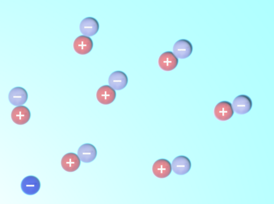 Une sphère avec un signe moins en bas à gauche symbolise l'électron, tandis que des paires de sphères avec des signes plus et moins représentent les particules virtuelles.