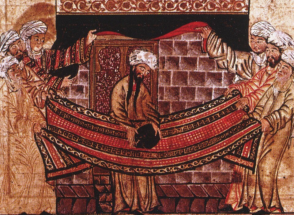 Miniature de Mahomet consacrant à nouveau la Pierre Noire à la Kaaba. Extrait de Jami Al-Tawarikh, vers 1315.