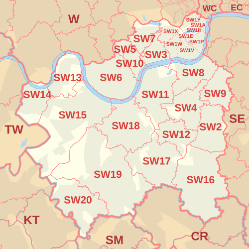 Carte des zones de codes postaux SW, indiquant les districts postaux, les villes postales et les zones de codes postaux voisines.