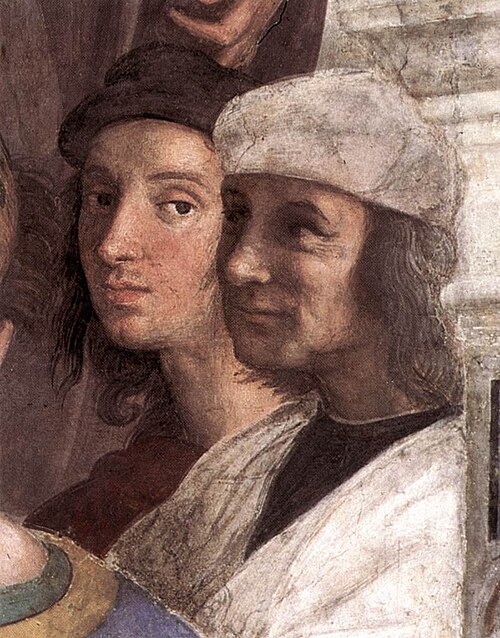 Autoportrait, Raphaël en arrière-plan, de L'École d'Athènes
