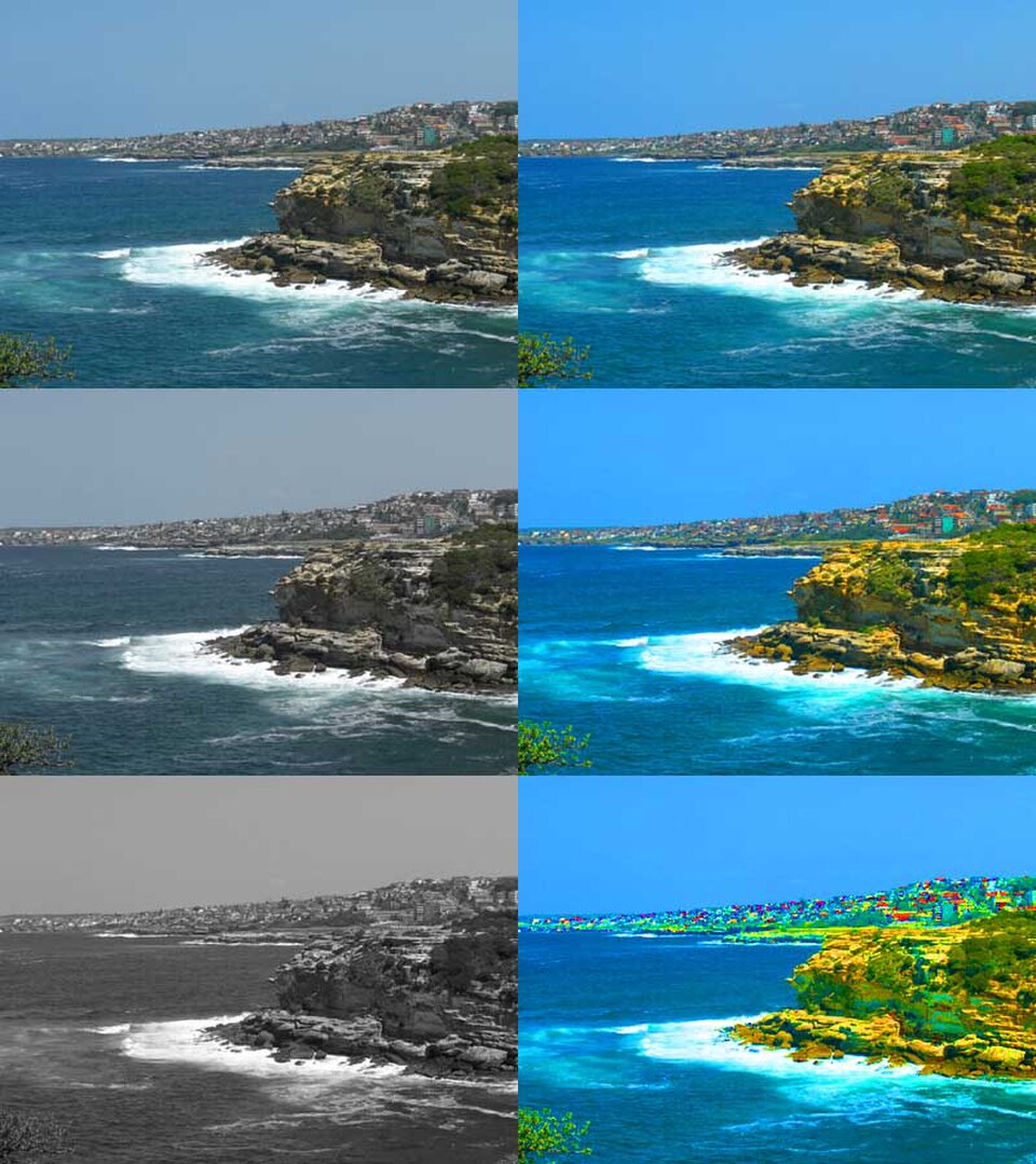 Exemples de saturation. En haut à gauche = image originale.