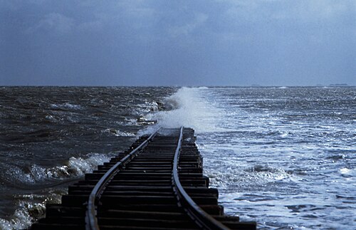 Chemin de fer Dagebüll Hallig, inondé, en 1984