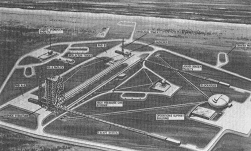 Carte du complexe de lancement 37 des années 1960, avec la structure de service mobile d'origine