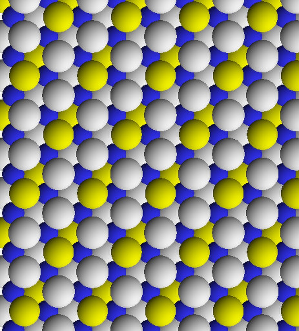 Vue d'une couche trioctaédrique de talc. Les sphères jaunes représentent les groupes hydroxyle ; les bleues, le magnésium. Les sites de fixation de l'oxygène apicaux sont blancs.